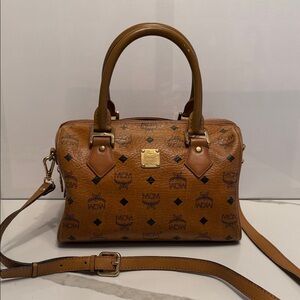 MCM Cognac Logo Visetos Satchel with Gold Hardware
